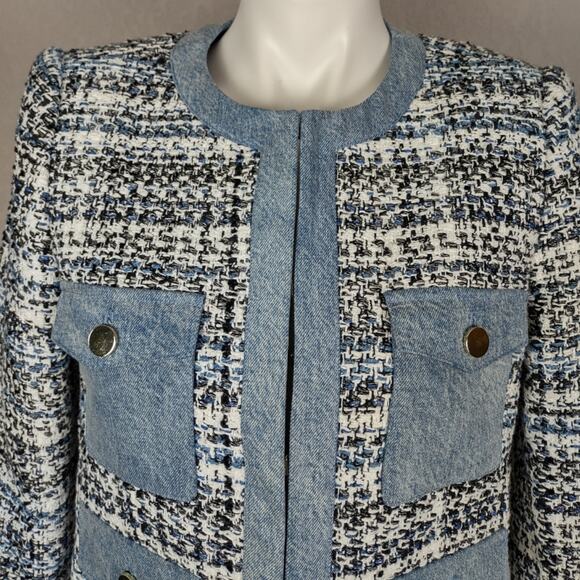 Alice + Olivia Avis Blue Tweed Denim Jean Combo Patch jacket Size Medium - Picture 11 of 16